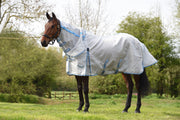 WeatherBeeta ComFiTec Hexi Shield Combo Neck Fly Sheet (No Fill + Hood) in Silver (Teal/Blue Trim) - On horse from side standing