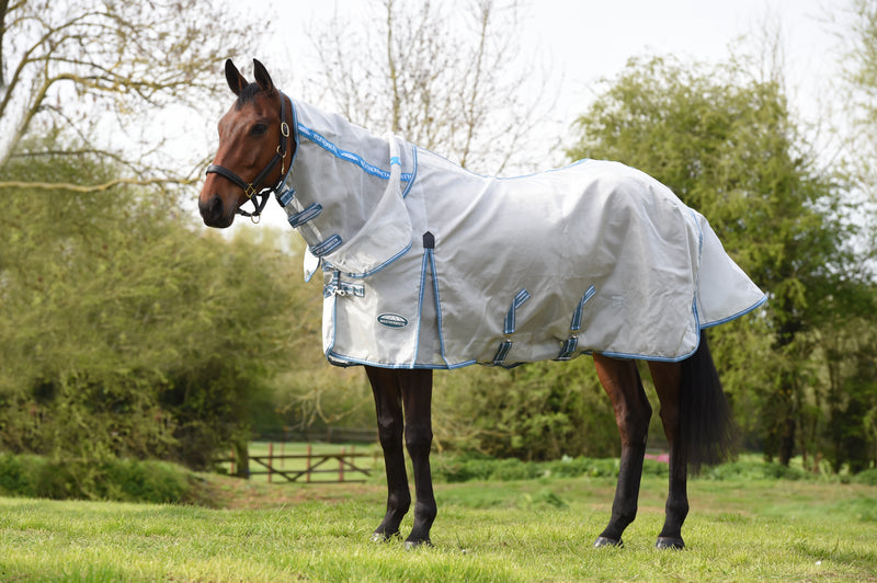 WeatherBeeta ComFiTec Hexi Shield Combo Neck Fly Sheet (No Fill + Hood) in Silver (Teal/Blue Trim) - On horse from side standing