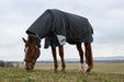 Horse wearing a dark gray rug in an open field on a cloudy day