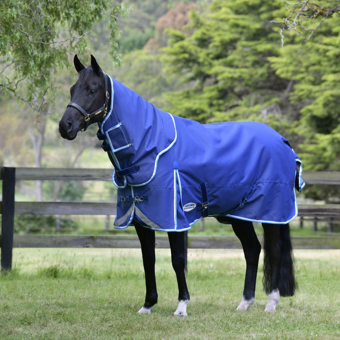 WeatherBeeta ComFiTec Ultra Tough III Detach-A-Neck Turnout Blanket (220g Medium) in Blue with Bright Blue/White Trim