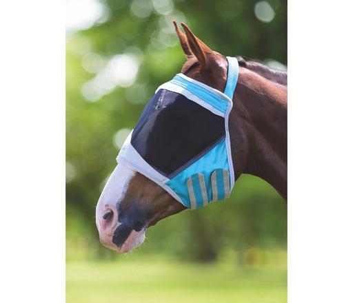 Fly Guard Pro By Shires Fine Mesh Fly Mask (Earless) in Teal - On horse