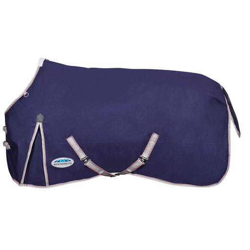 WeatherBeeta ComFiTec Essential Standard Neck Turnout Blanket (360g Heavy) in Navy with Red/Silver Trim on White Background