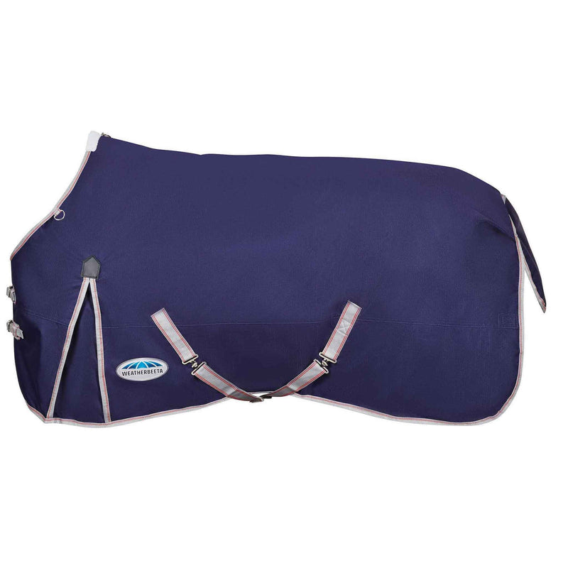 WeatherBeeta ComFiTec Essential Standard Neck Turnout Blanket (220g Medium) in Navy with Silver/Red Trim on White Background