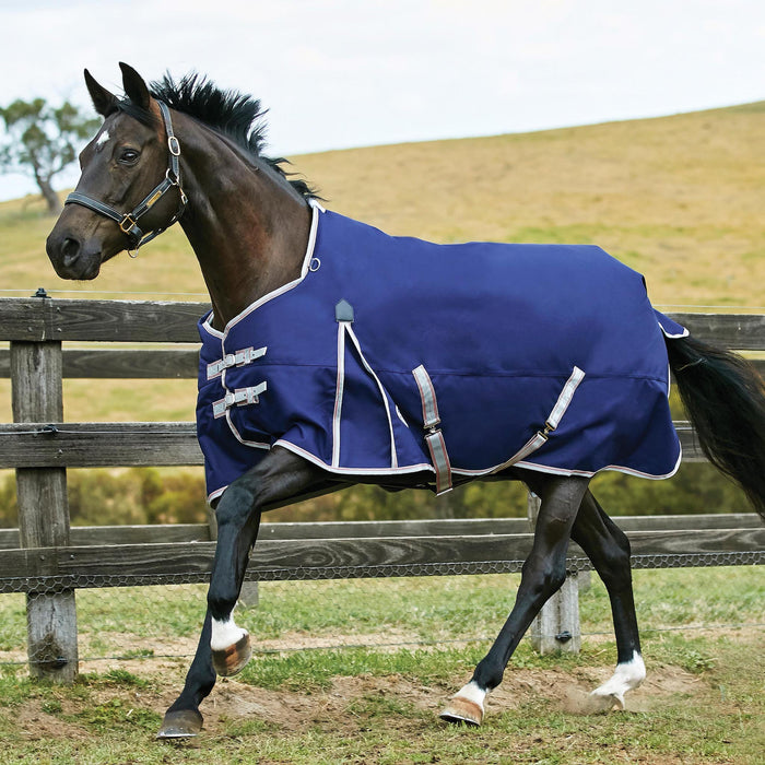 WeatherBeeta ComFiTec Essential Standard Neck Turnout Sheet (0g Lite) in Navy with Silver/Red Trim