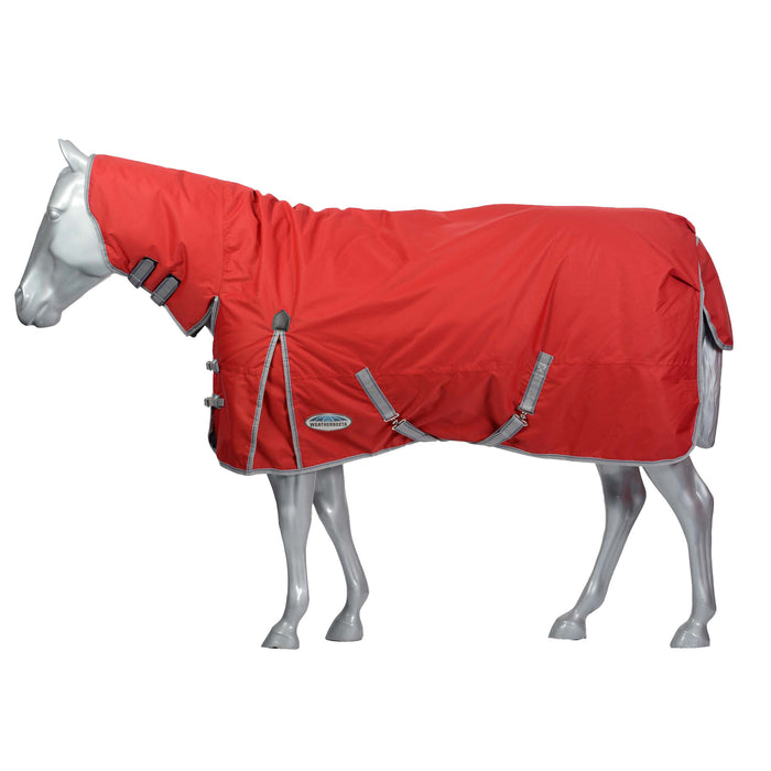 WeatherBeeta ComFiTec Classic Combo Neck Turnout Blanket (300g Heavy) in Red with Silver/Navy Trim on White Background