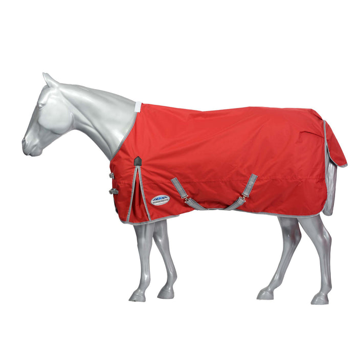 WeatherBeeta ComFiTec Classic Standard Neck Turnout Blanket (220g Medium) in Red with Silver/Navy Trim on White Background