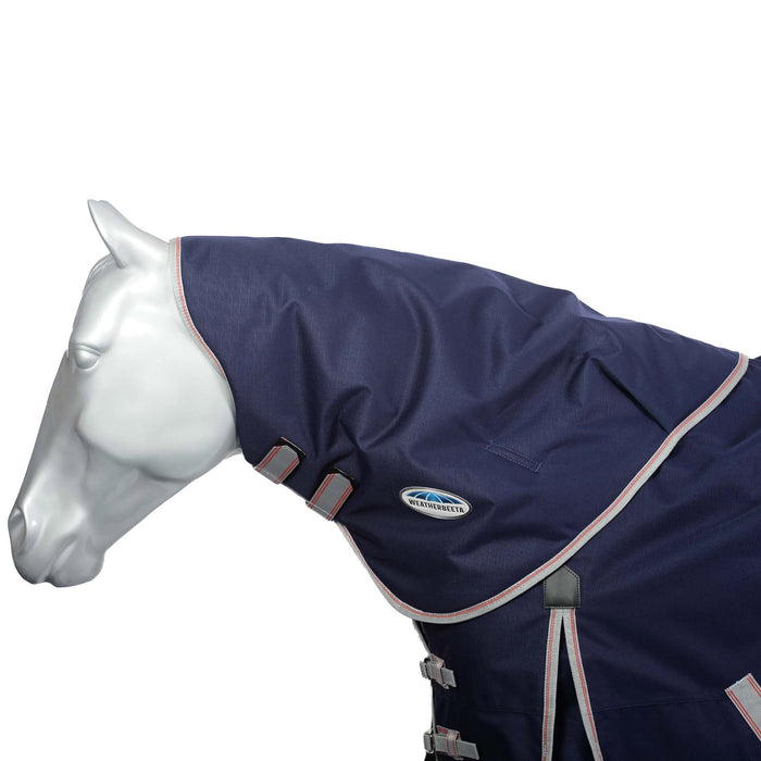 WeatherBeeta ComFiTec Essential Turnout Neck Rug (220g Medium) in Navy with Silver/Red Trim on White Background