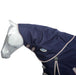 WeatherBeeta ComFiTec Essential Turnout Neck Rug (220g Medium) in Navy with Silver/Red Trim on White Background