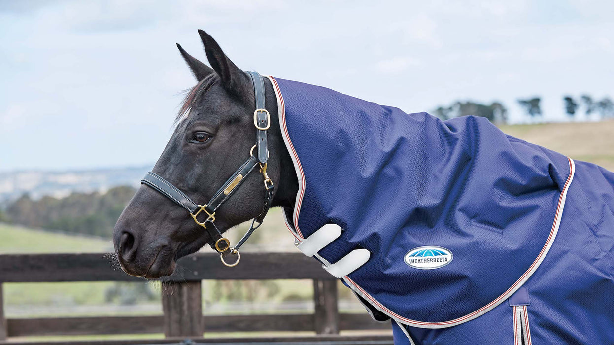 WeatherBeeta ComFiTec Essential Turnout Neck Rug (0g Lite) in Navy with Silver/Red Trim