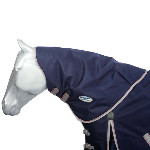 WeatherBeeta ComFiTec Essential Turnout Neck Rug (0g Lite) in Navy with Silver/Red Trim on White Background