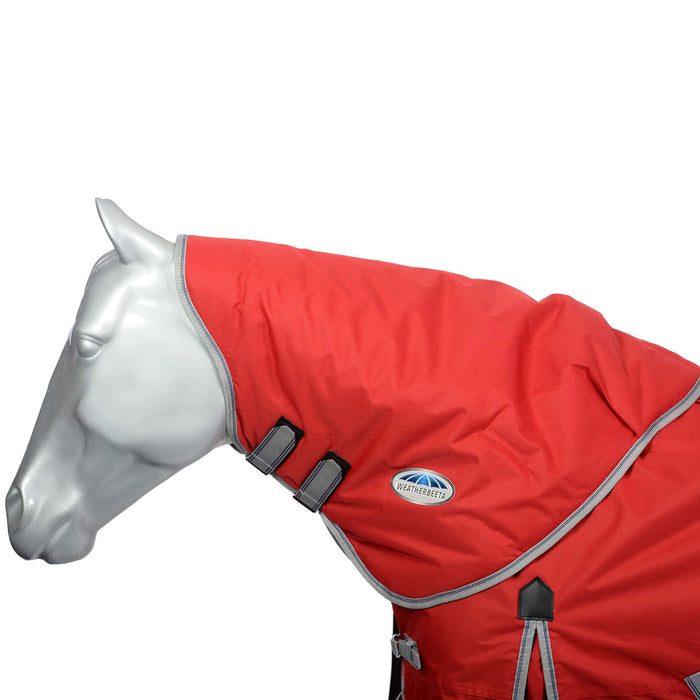 WeatherBeeta ComFiTec Classic Turnout Neck Rug (220g Medium) in Red with Silver/Navy Trim on White Background