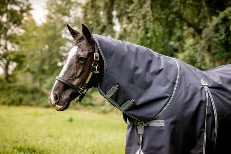 Rambo Optimo Turnout Hood (0g Lite) in Navy (Thunderstorm Grey/Silver Trim) - On horse
