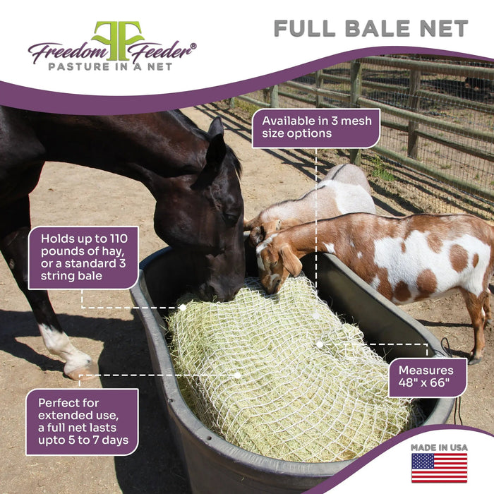 Freedom Feeder Full Bale Hay Net - Slow Feed Hay Net - 3 String Bale - 3 Size Mesh Options Freedom Feeder