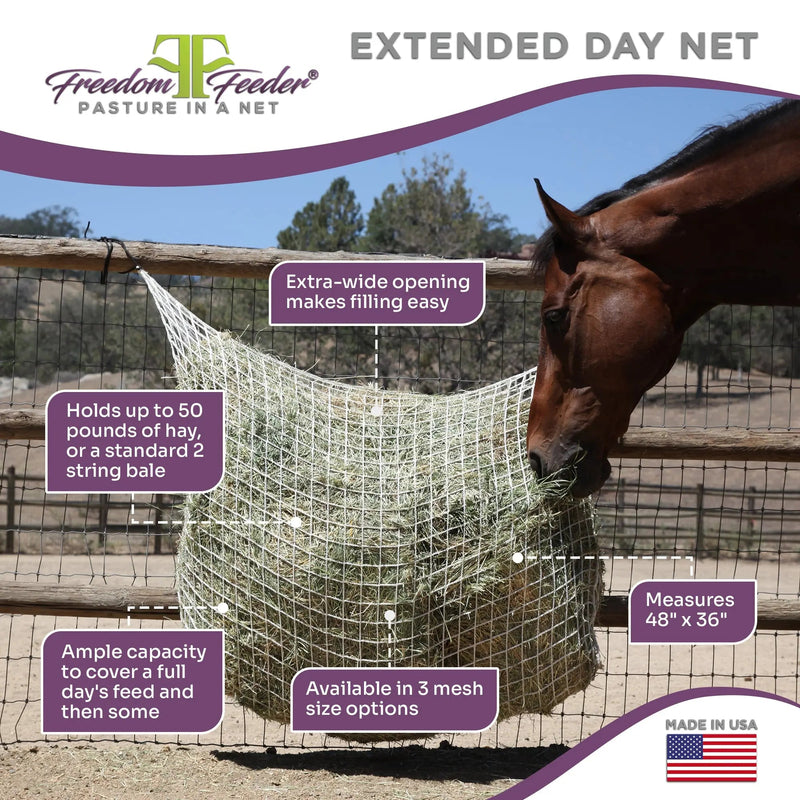 Freedom Feeder Extended Day Net - Slow Feed Hay Net - 2 String Bale - 3 Size Mesh Options Freedom Feeder