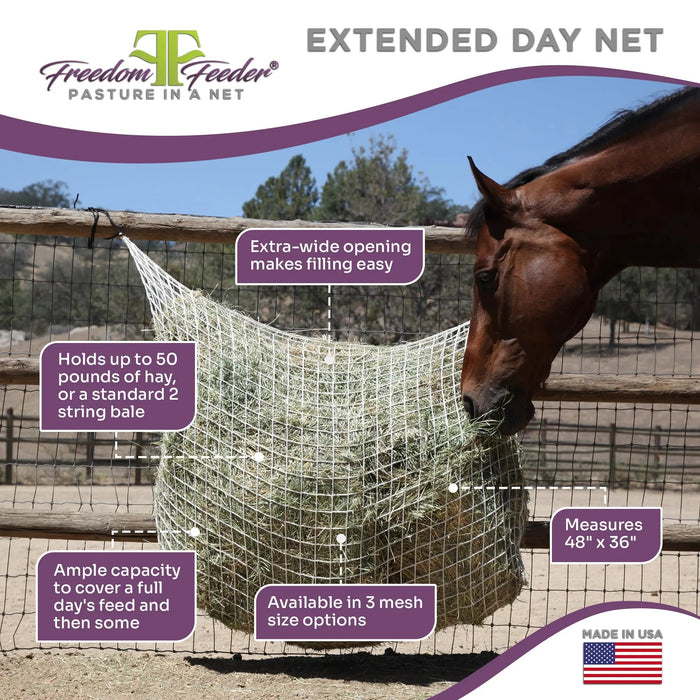 Freedom Feeder Extended Day Net - Slow Feed Hay Net - 2 String Bale - 3 Size Mesh Options Freedom Feeder