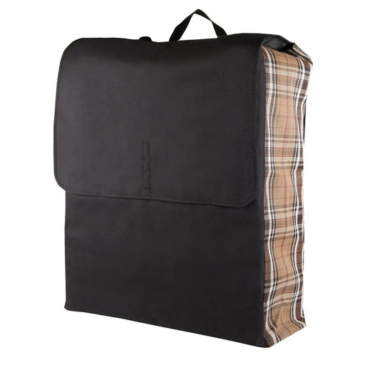 Tan plaid and black blanket storage bag