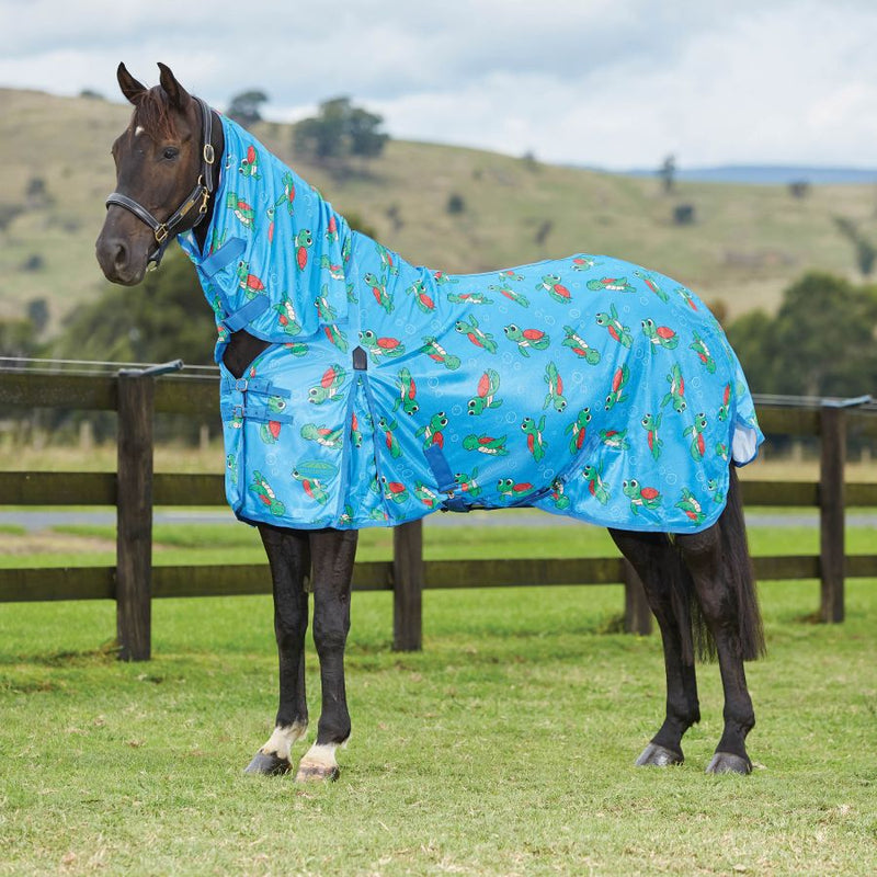 WeatherBeeta ComFiTec Essential Mesh II Combo Neck Fly Sheet (No Fill + Hood) in Turtle Print - On horse from side