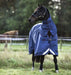 Rambo Optimo Plus Turnout Sheet (0g Light, 0g Hood) in Navy with Burgundy, Teal and Navy Trim - On horse, view from front