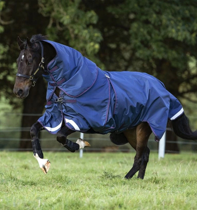 Rambo Optimo Plus Turnout Sheet (0g Light, 0g Hood) in Navy with Burgundy, Teal and Navy Trim - On horse galloping, view from side