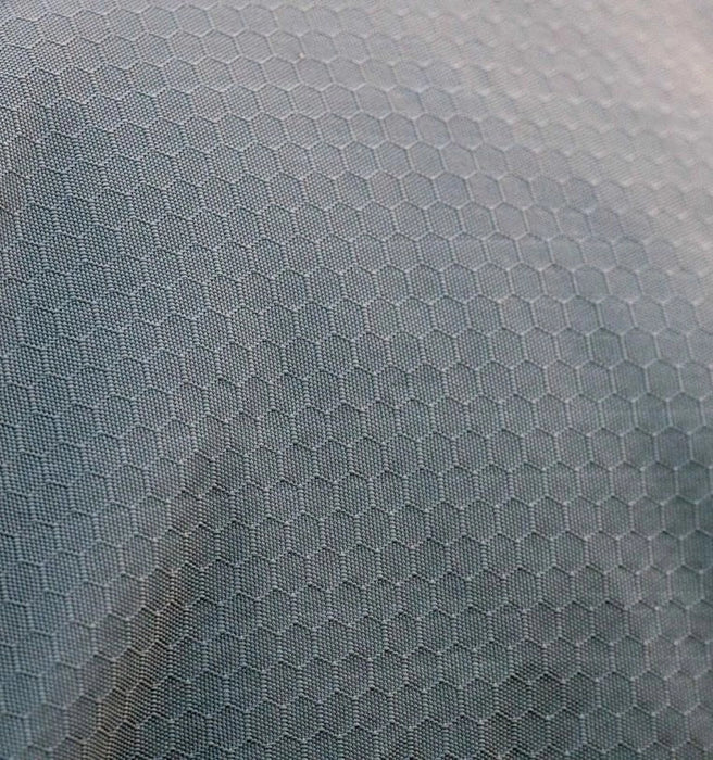 Rhino Plus Hexstop Vari-Layer Turnout Sheet (0g Light, 0g Hood) in Grey with Indigo and Navy Trim - Closeup of hexstop material