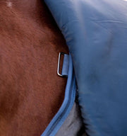 Rhino Plus Hexstop Vari-Layer Turnout Sheet (0g Light, 0g Hood) in Grey with Indigo and Navy Trim - Closeup of liner loop attachments