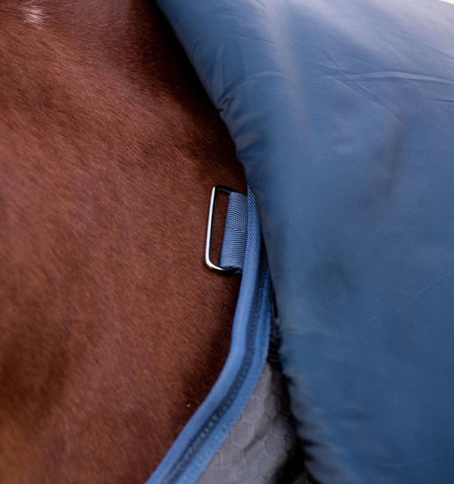 Rhino Plus Hexstop Vari-Layer Turnout Sheet (0g Light, 0g Hood) in Grey with Indigo and Navy Trim - Closeup of liner loop attachments