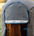 Rhino Plus Hexstop Vari-Layer Turnout Sheet (0g Light, 0g Hood) in Grey with Indigo and Navy Trim - Closeup of tail flap