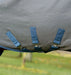 Rhino Plus Hexstop Vari-Layer Turnout Sheet (0g Light, 0g Hood) in Grey with Indigo and Navy Trim - Closeup of three surcingles