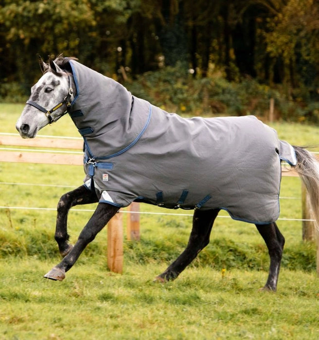 Rhino Plus Hexstop Vari-Layer Turnout Sheet (0g Light, 0g Hood) in Grey with Indigo and Navy Trim - On horse running