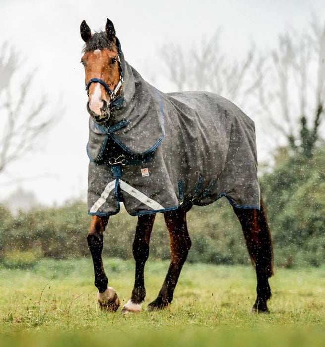 Rhino Plus Hexstop Vari-Layer Turnout Sheet (0g Light, 0g Hood) in Grey with Indigo and Navy Trim - On horse