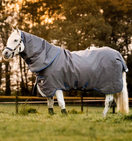 Rhino Hexstop Plus Vari-Layer Turnout Blanket (100g Medium-Light, 0g Hood) in Grey with Indigo and Navy Trim - On horse, view from side