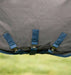 Rhino Hexstop Plus Vari-Layer Turnout Blanket (100g Medium-Light, 0g Hood) in Grey with Indigo and Navy Trim - Closeup of cross surcingles