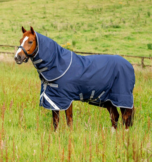 Rhino Plus Vari-Layer Turnout Blanket (250g Medium, 150g Hood) in Navy (Titanium Grey/Classic Blue)