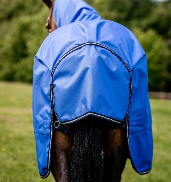 Amigo Hero Ripstop Turnout Sheet (0g Light) in Blue with Navy and Grey Trim - Tail flap