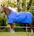 Amigo Hero Ripstop Turnout Blanket (50g Medium-Lite) in Blue (Navy/Grey Trim) - On brown horse standing profile view