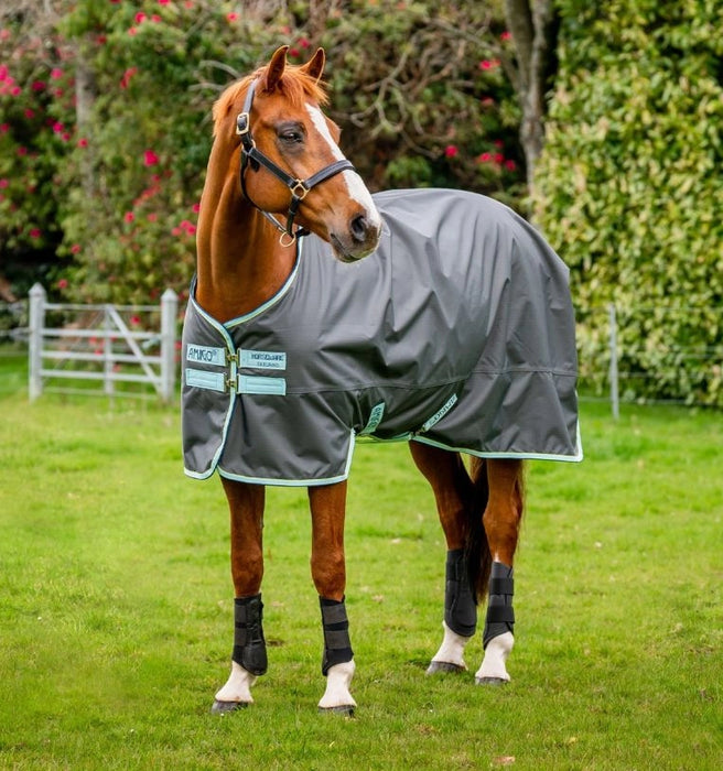 Amigo Hero Ripstop Turnout Blanket (50g Medium-Lite) in Shadow (Blue Haze/Navy Trim) - On brown horse standing
