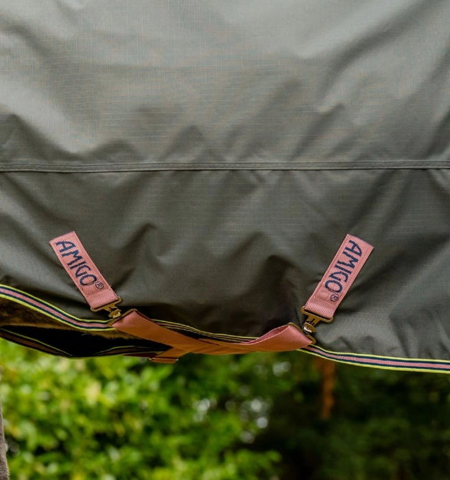 Amigo Hero Ripstop Plus Turnout Sheet (0g Light, 0g Hood) in Shadow with Rose and Navy Trim - Closeup of surcingles