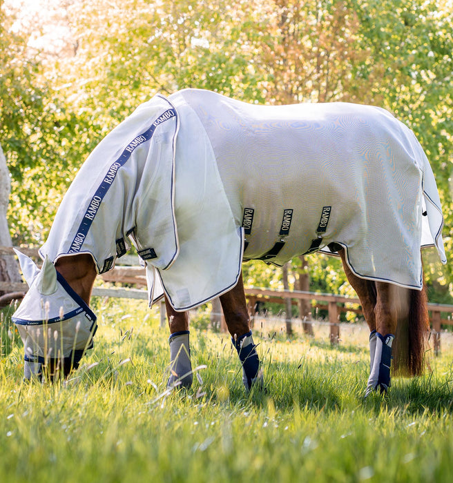Rambo Protector Fly Sheet (No Fill + Hood) in Silver with Navy, White and Beige Trim - On horse, sideview, with fly mask and fly boots