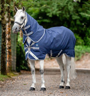 Rhino Plus Pony Turnout Blanket (250g Medium, 100g Hood) in Navy (Titanium Grey & Classic Blue Trim)