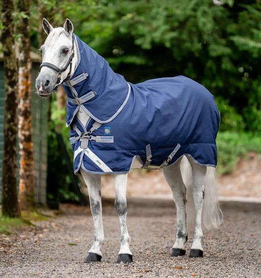 Rhino Plus Pony Turnout Blanket (250g Medium, 100g Hood) in Navy (Titanium Grey & Classic Blue Trim)
