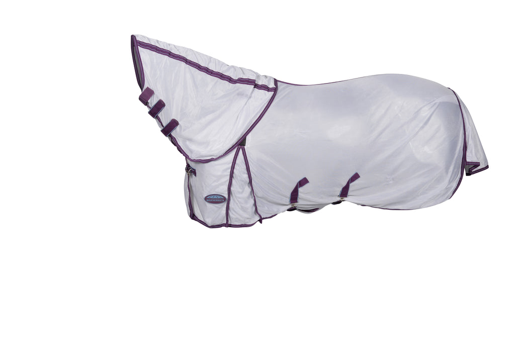 Weatherbeeta Comfitec Airflow II Detach-A-Neck Fly Sheet (No Fill) - White with Violet & Blue Trim in Profile View on White Background