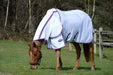 Weatherbeeta Comfitec Airflow II Detach-A-Neck Fly Sheet (No Fill) - White with Violet & Blue Trim on Grazing Horse
