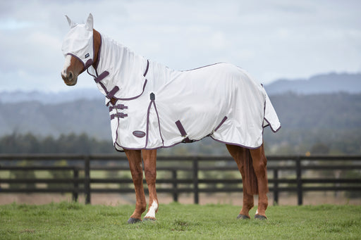 WeatherBeeta ComFiTec Essential Mesh Fly Mask in White with Maroon and Gray Trim - On Horse with Essential Mesh Sheet