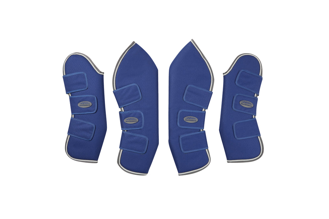 WeatherBeeta 1200D Wide Tab Long Travel Boots in Dark Blue with Gray and White Trim - All 4 Boots on White Background