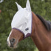 WeatherBeeta ComFiTec Essential Mesh Fly Mask in White with Maroon and Gray Trim - On Horse