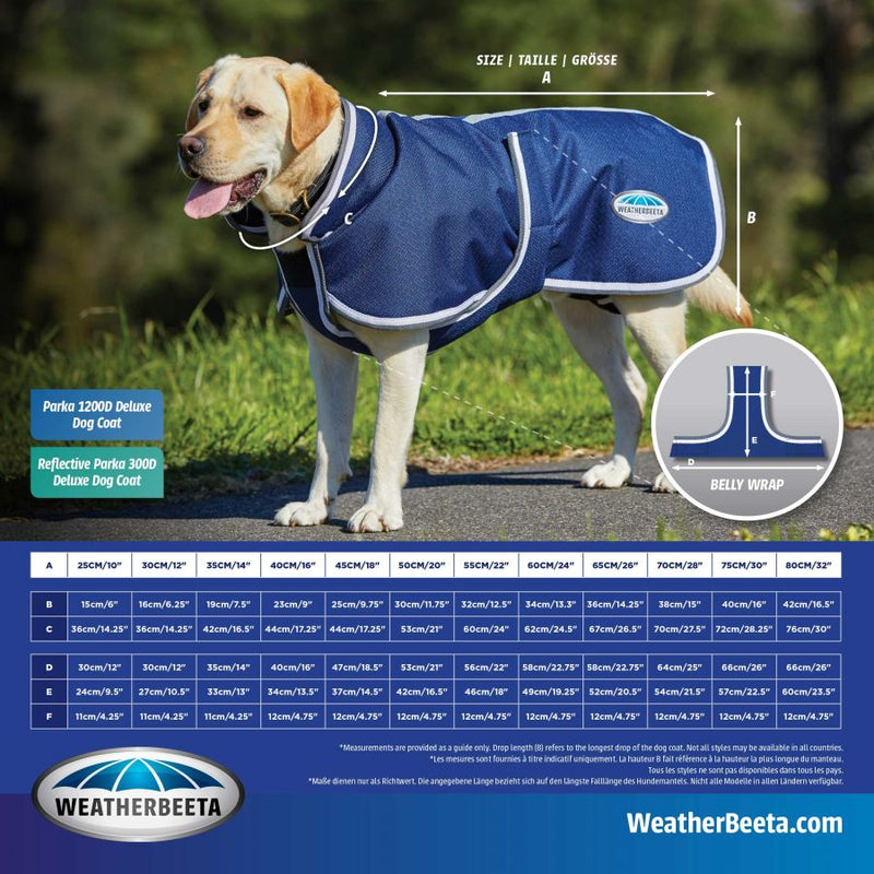 Sizing Chart WEATHERBEETA COMFITEC PARKA 1200D DELUXE DOG COAT