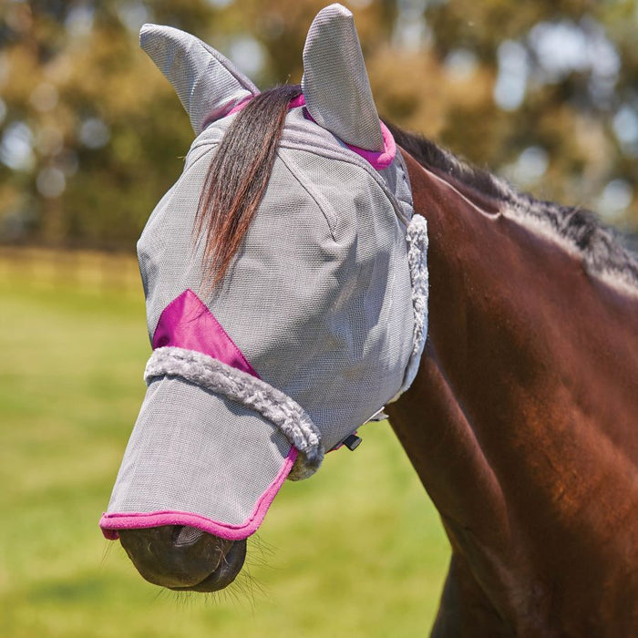 WeatherBeeta ComFiTec Deluxe Durable Mesh Fly Mask With Ears And Nose in Gray with Purple Trim
