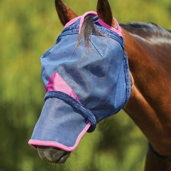 WeatherBeeta ComFiTec Deluxe Durable Mesh Fly Mask With Nose in Navy with Purple Trim