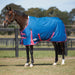 WeatherBeeta ComFiTec Classic Standard Neck Turnout Sheet (0g Lite) in Blueberry with Pink Trim - Horse in Field