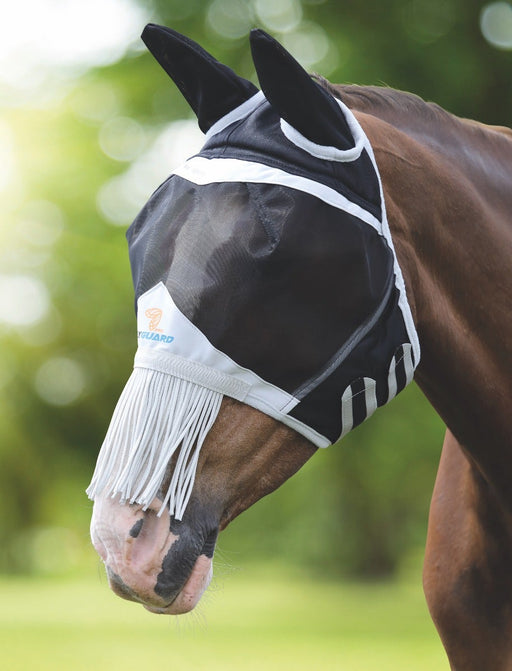 Fly Guard Pro By Shires Fine Mesh Fly Mask With Ears And Nose Fringe in Black - On Horse